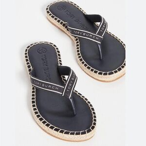 Tory Burch Black Leather Espadrille Thong Sandals with Natural Jute Trim